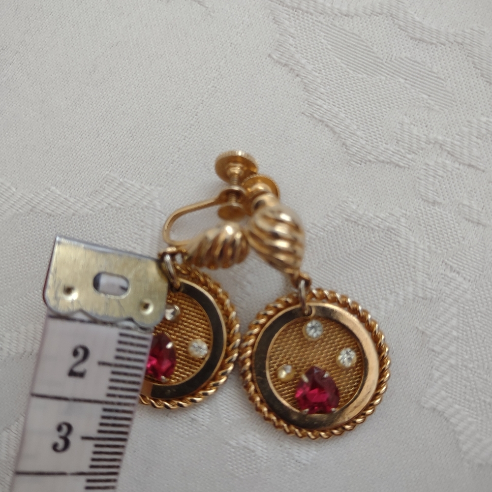 Filigree Ruby Crystals Circle Dangle Drop Earrings - image 4